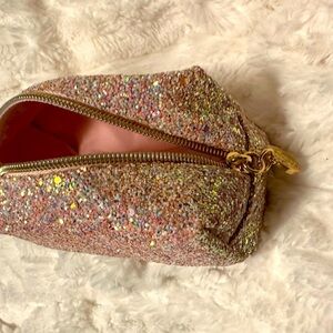 Bath & Body Works Pink White Gold Glitter Bling Zip Makeup Cosmetic Bag Case New